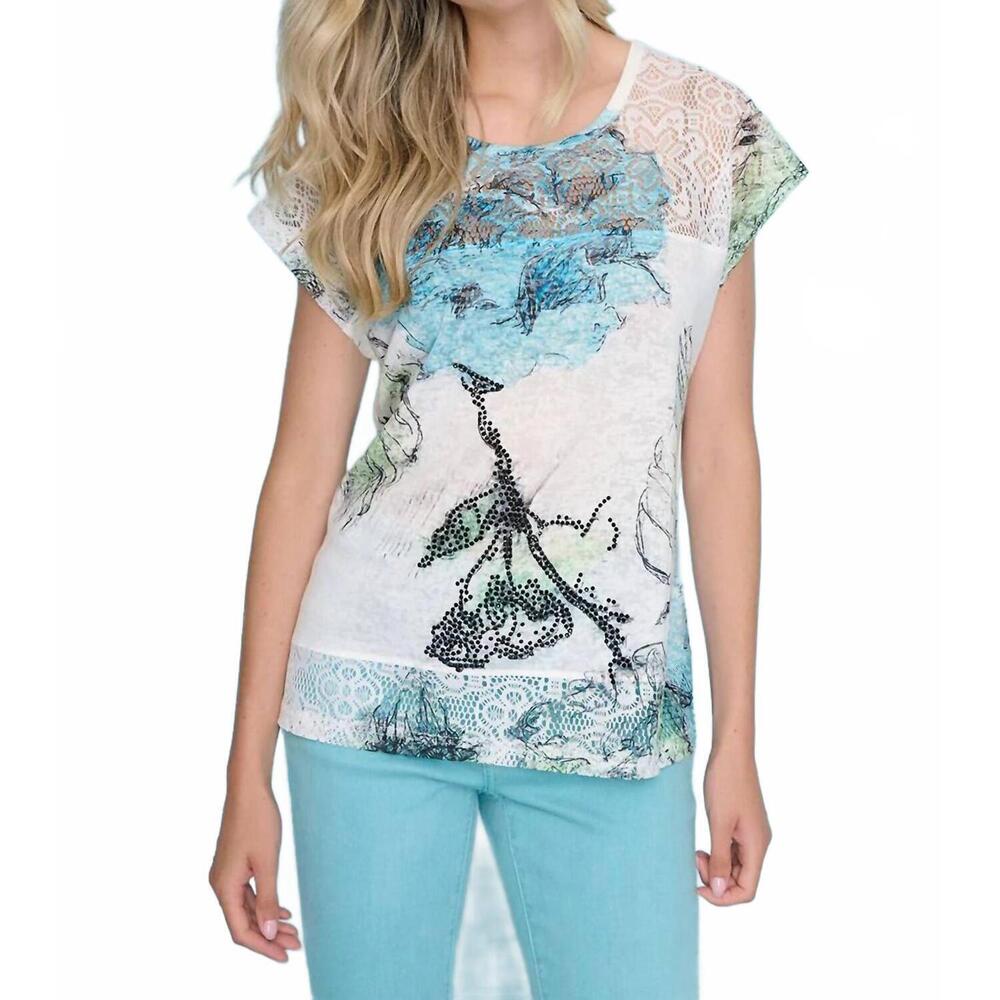 NEW PICADILLY lace trim print top in lagoon multi